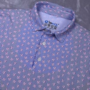 IBKUL Mens Baseball Print Polo Shirt Blue White Striped Performance Golf Top L